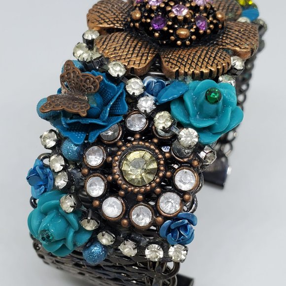 Victorian Steampunk High Detail Copper Turquoise Rose Rhinestone Cuff Bracelet - Picture 13 of 14
